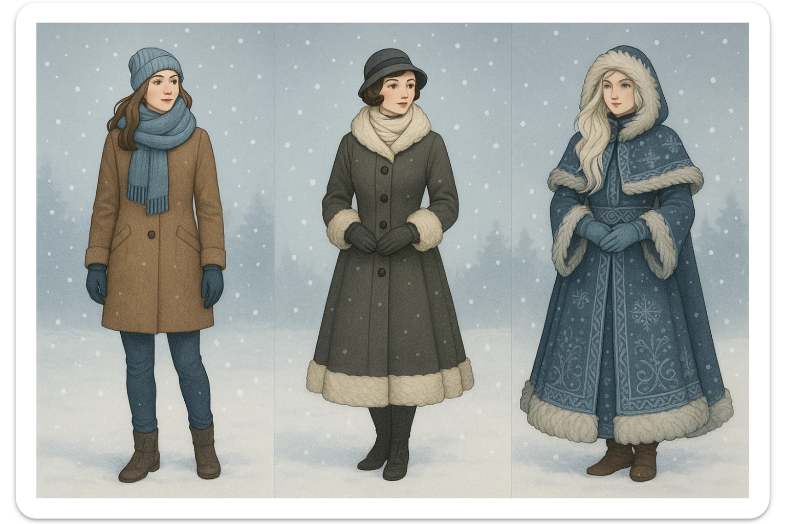 woman character evoking winter, wearing warm clothing, snow, winter atmosphere, diverse styles sticker