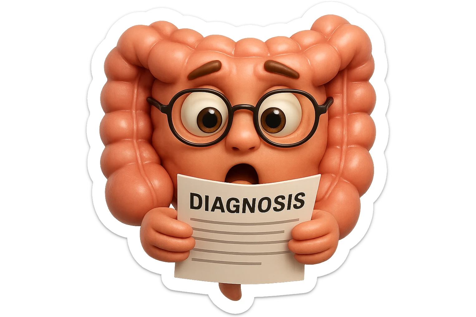 EMOJI STILE IPHONE DI UN INTESTINO CON GLI OCCHIALI CHE LEGGE UN FOGLIO CON LA SCRITTA DIAGNOSI, ESPRESSIONE STUPITA IN VOLTO, IPERREALISTICO 4K sticker