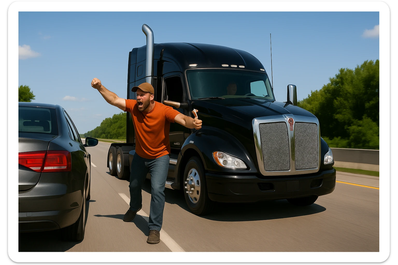 Zoom the scene out so the view is a little farther away, showing more of the road and both vehicles. Keep the black Kenworth W680 semi with chrome stack, angry bald driver in orange shirt and baseball cap, arm out the window, following a car. Scene should remain bright and vibrant. sticker