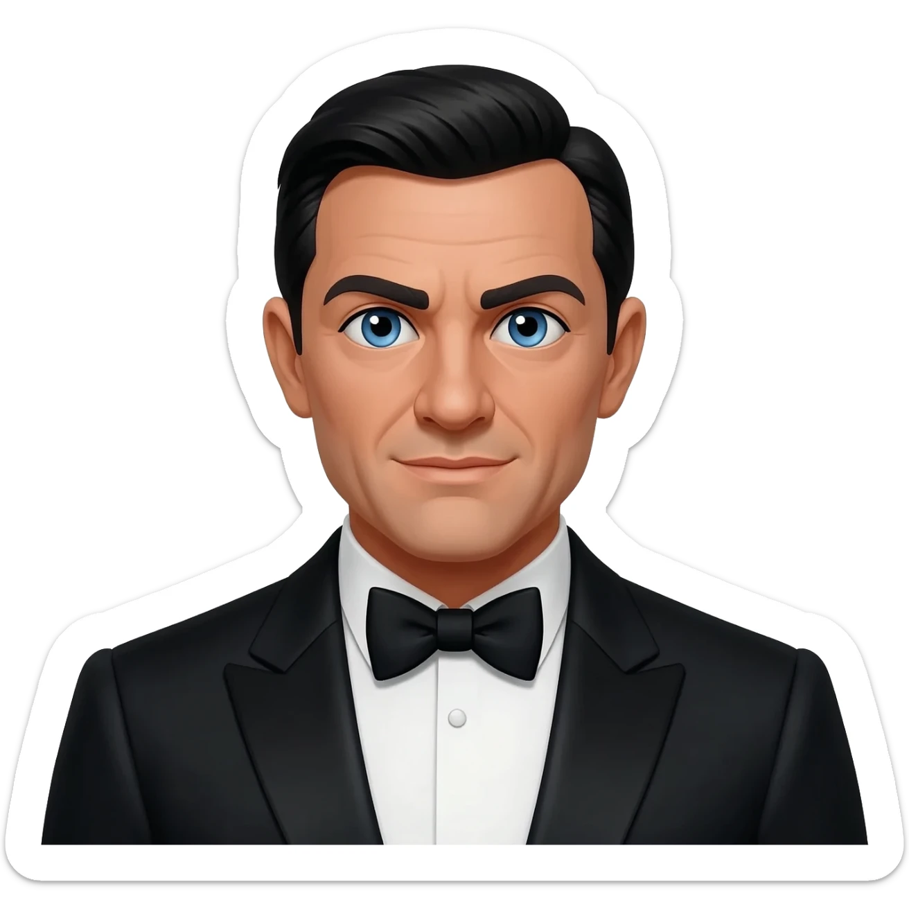 James Bond from James Bond Series with blue eyes, black hair, black suit with bow tie sticker