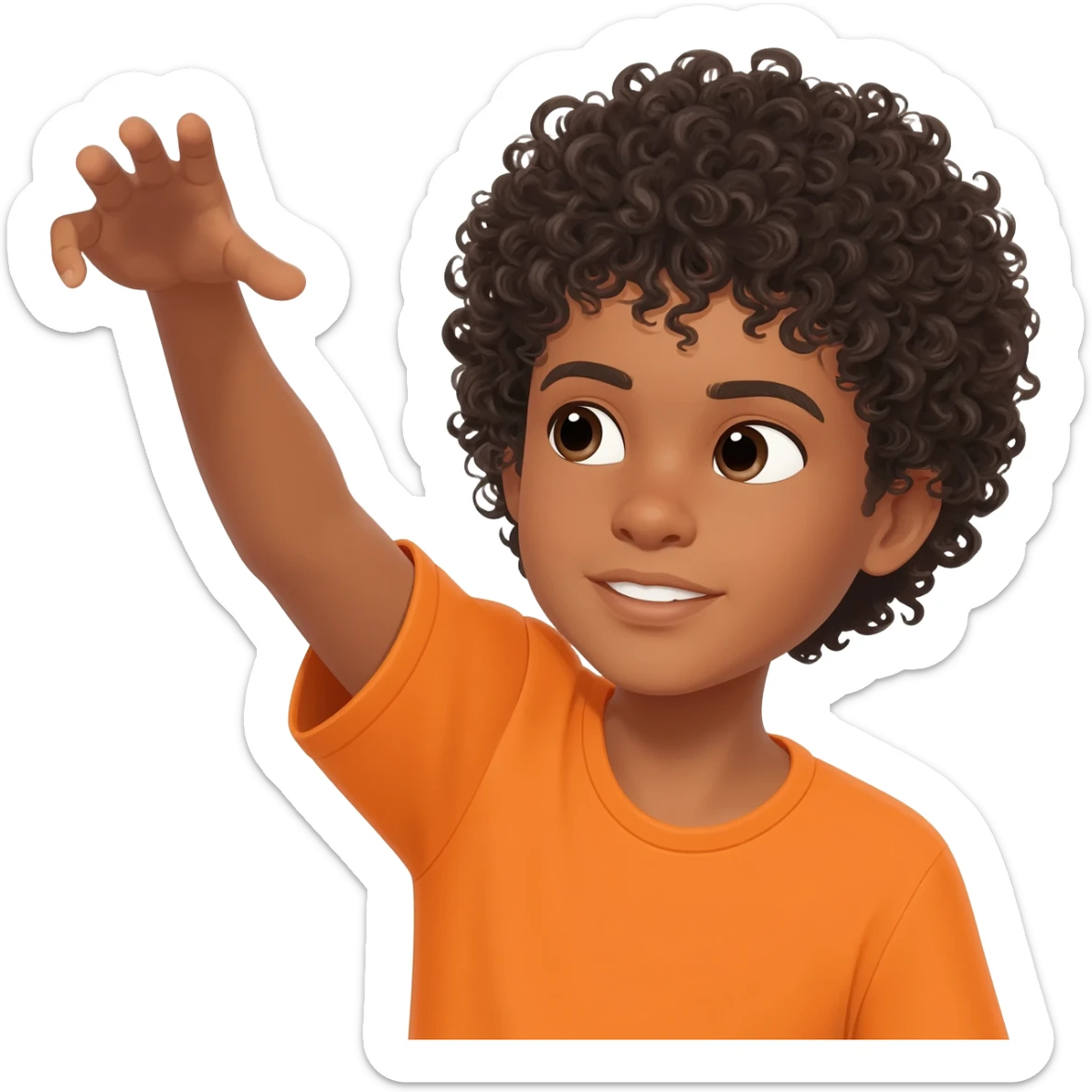 black boy curly hair orange shirt reaching for something sticker