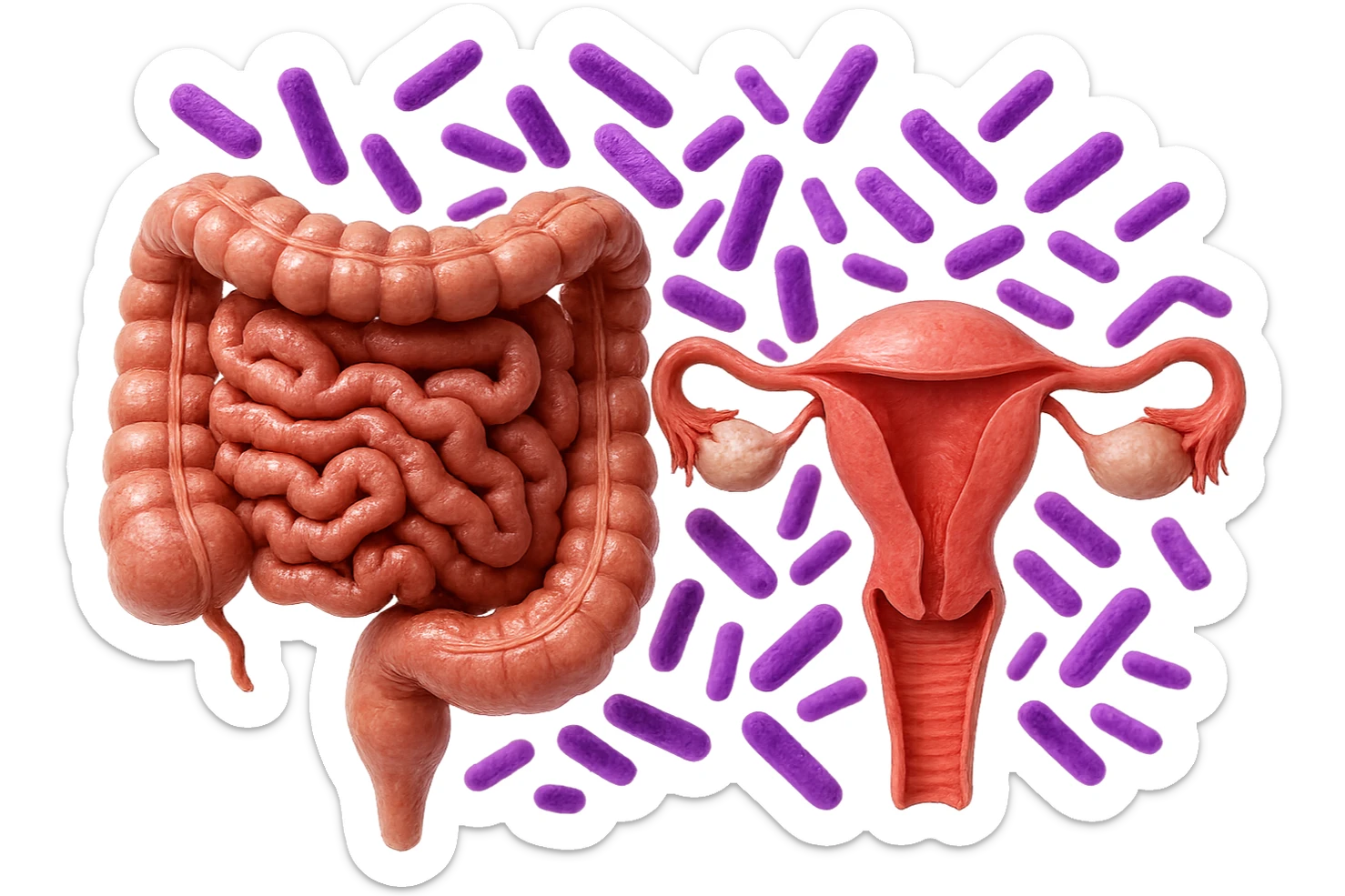 intestino umano anatomico realistico accanto ad un utero umano anatomico realistico, dietro i due organi fluttuano batteri intestinali con questo colore: #971ef1, iperrealistico 4k
isolata su sfondo bianco sticker