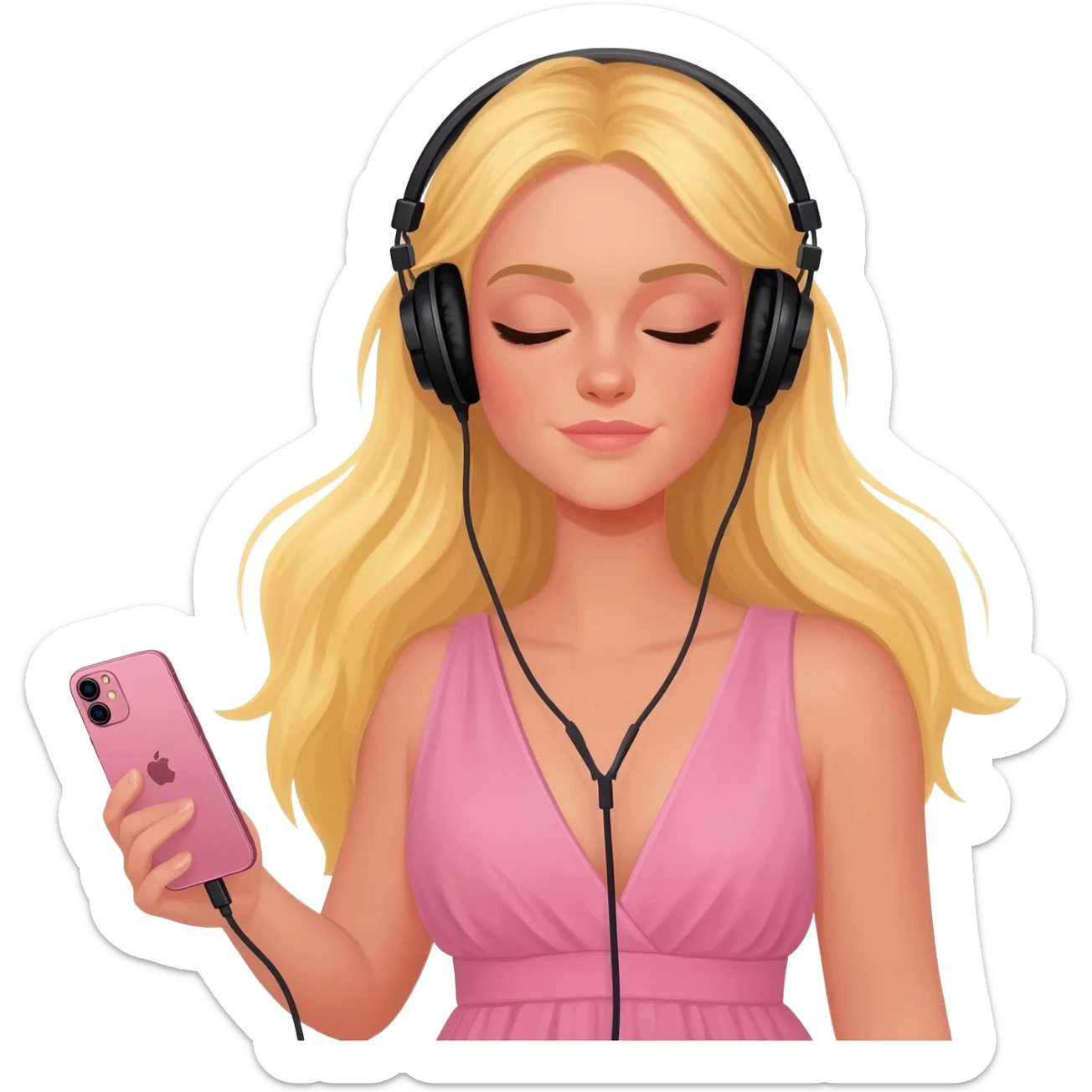 girl blonde long hair in pink dress listen to music rock and roll on black headphones on head connect to pink iphone max pro and hold on headphones on head with right hand sticker