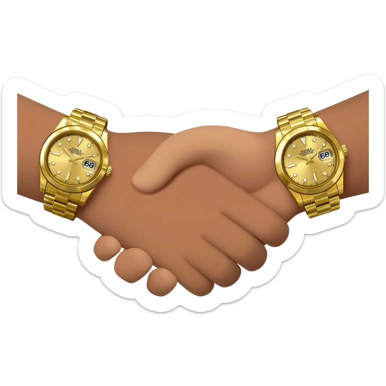 Emoji of a handshake, each wrist wearing an oversized, flashy Rolex watch, cartoon style, bold colors, focus on hands and luxury watches, transparent background sticker