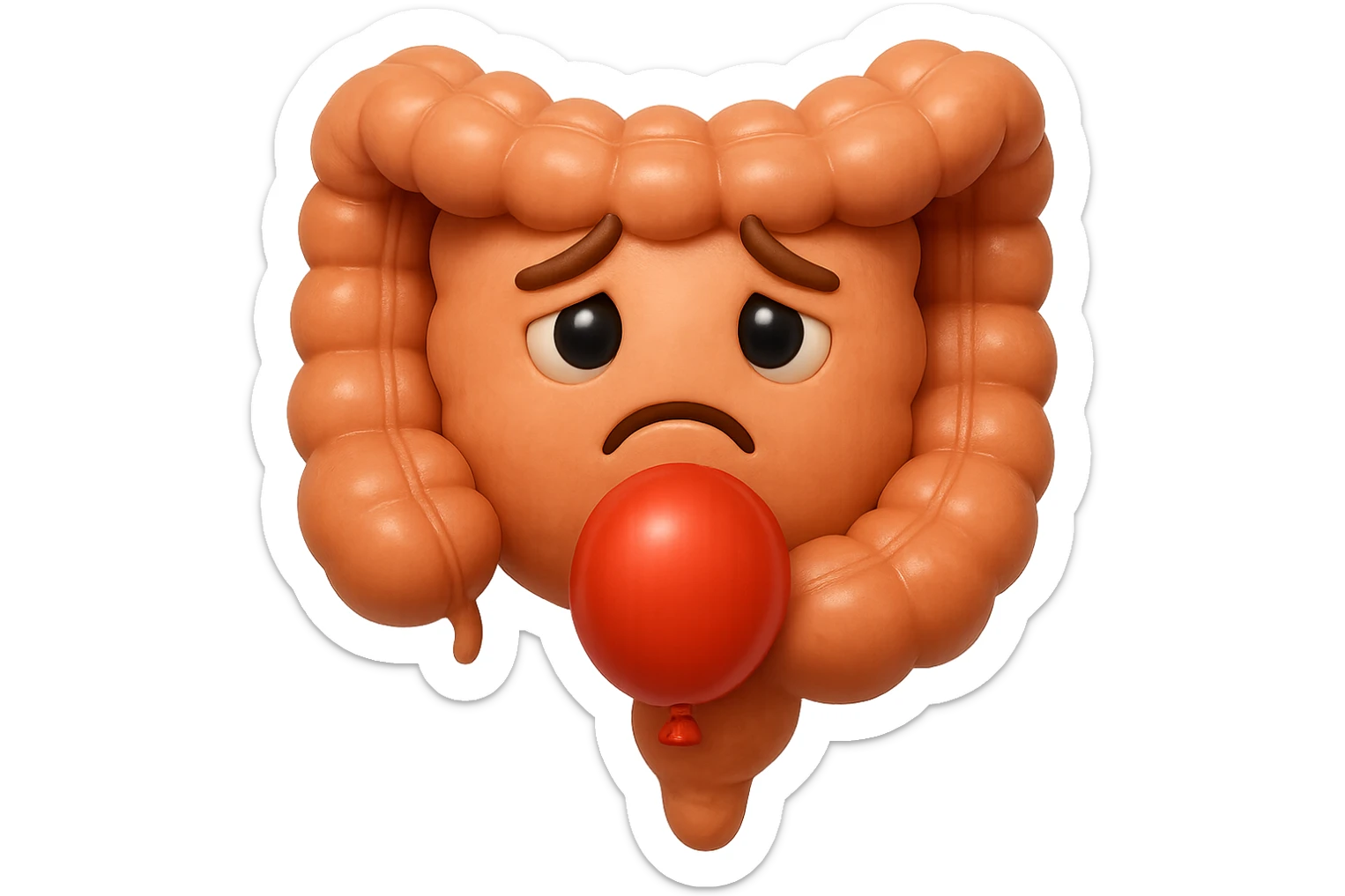 EMOJI STILE IPHONE DI un intestino triste con palloncino rosso sulla pancia, IPERREALISTICO 4K sticker
