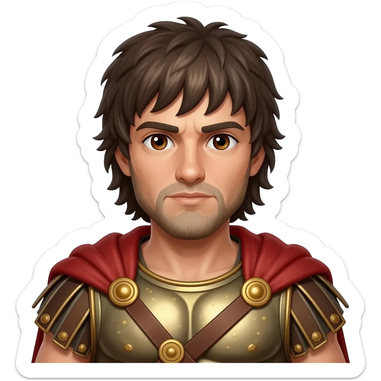 Spartacus from Rome Mythology with brown eyes, long dark brown hair, bronze metallic tunic, red metallic cloak sticker