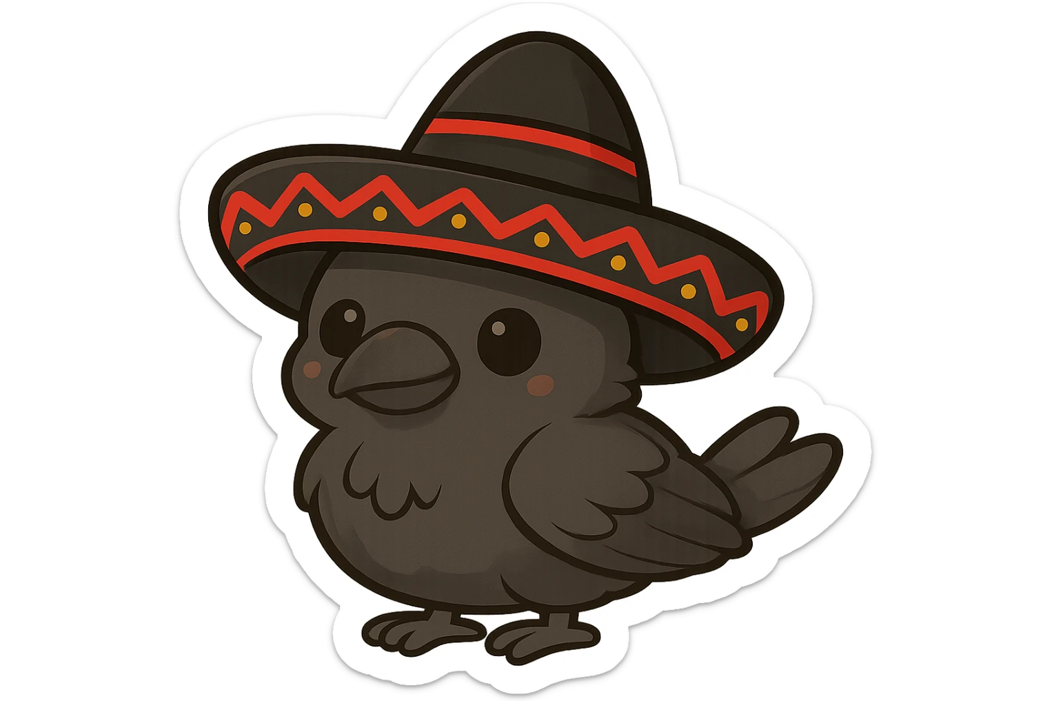 Change the chibi crow's mariachi hat to black and red, keep the adorable and festive look, with no background. sticker