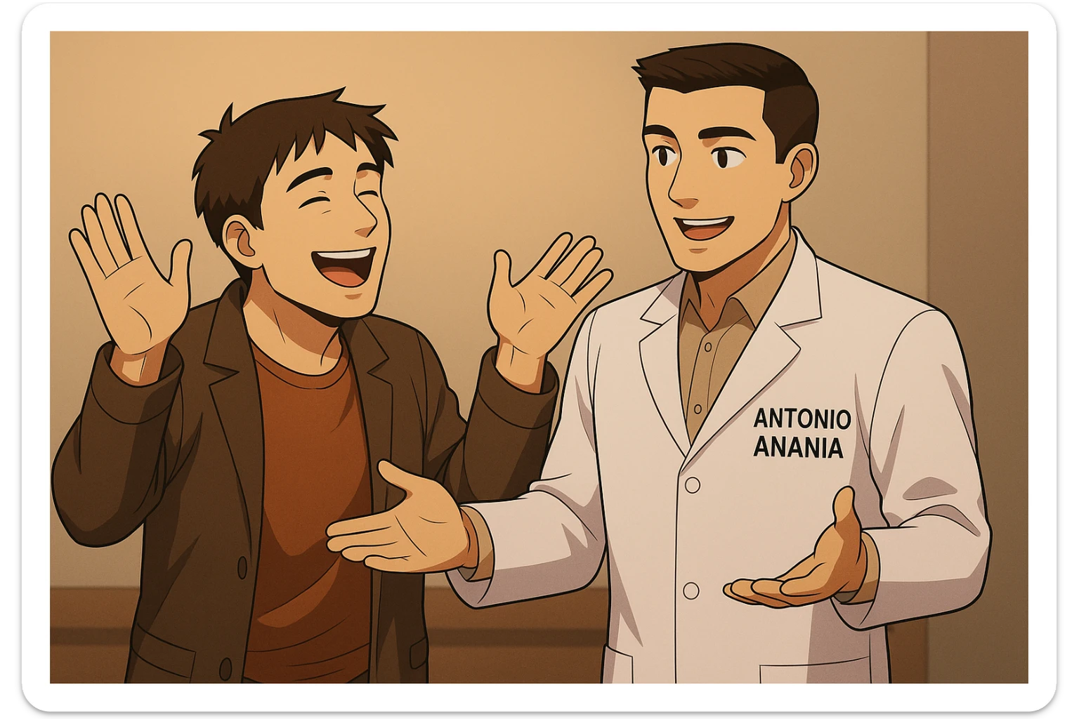  rappresenta un webtoon manga a colori con questo stile, in cui un uomo esclama una cosa entusiasta al kinesiologo con il camice bianco (fagli anche la scritta "ANTONIO ANANIA" SUL CAMICE), IL KINESIOLOGO lo aspetta a braccia aperte. l'espressione dell'uomo è felice e soddisfatta, non fare i fumetti però, fai solo in modo che sembri stiano parlando sticker