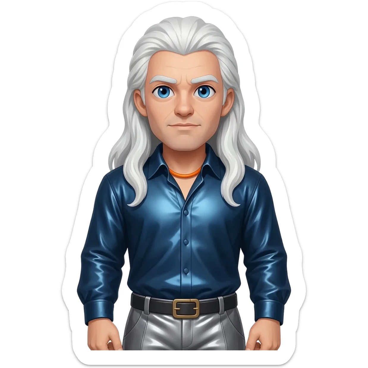 Odin from Norse Mythology with blue eyes, long white hair, dark blue metallic shirt, grey metallic baggy pants, orange necklace sticker