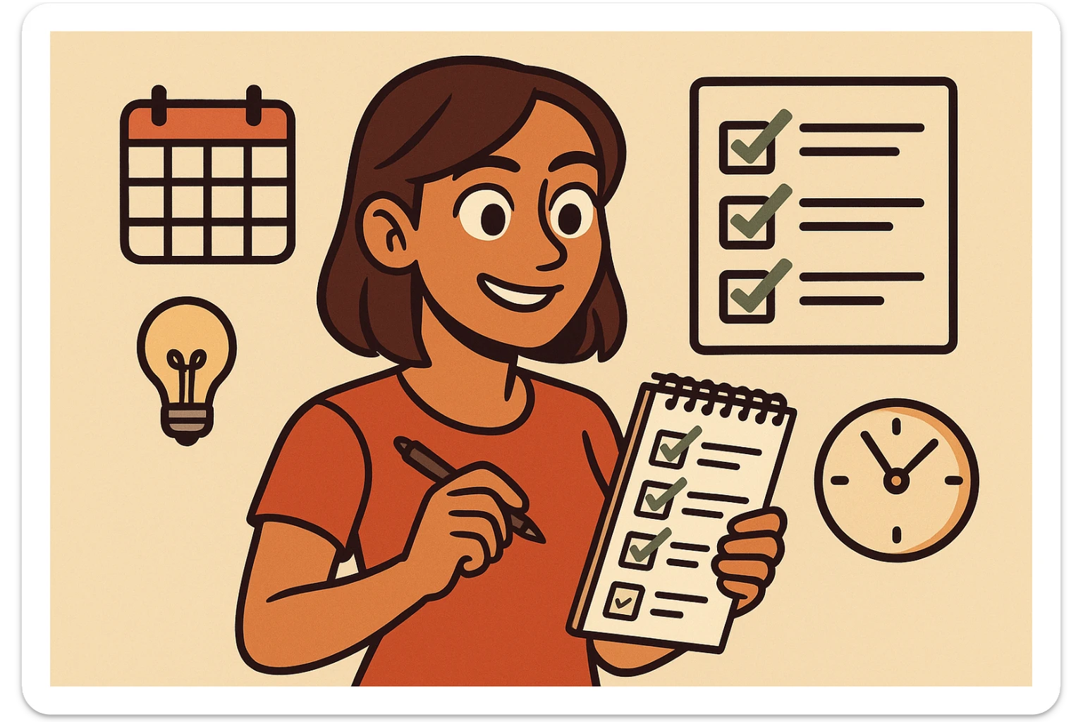 tan woman with brown eyes and brown shoulder length hair, surrounded by productivity icons (calendar, checklist), smiling and focused, modern illustration sticker