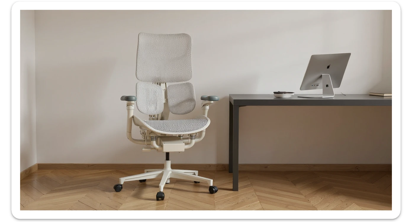 Editorial shot, Make this chair next to desk with mac setup, wooden modern floor, minimalistic room, contrast chair to wall, chair standing front to camera, soft bright light in room sticker