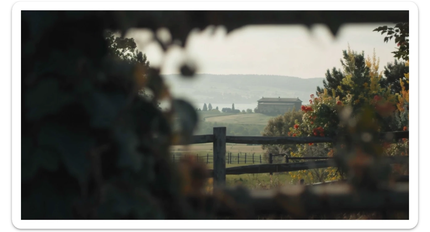 "Two shot" in the foreground, blurred plants in the foreground (frame within a frame), a wooden fence and colorfull flowers in the midground, Poland, rolling hills in the background, cinematic depth of field, layered composition, natural lighting sticker