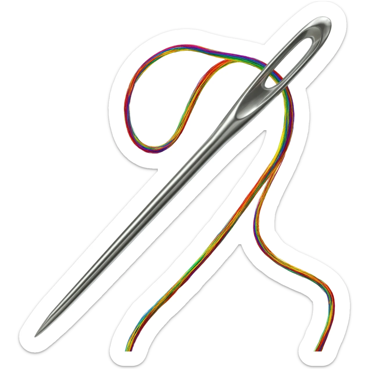 Emoji-style illustration of a sewing needle with thread. The needle is silver, with a small oval hole at the top through which a colorful thread is passing. The thread flows and curls gracefully behind the needle. sticker