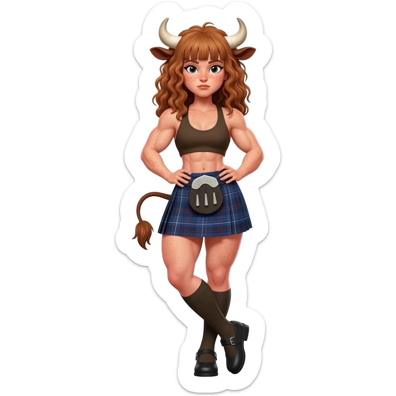 buff curly woman with frecles with light brown messy hair with straight bangs covering her eyes with brown cow tail with strong fat thights with cow horns and cow brown ears with big butt in a short scottish kilt and with knee socks and shoes stands with crossed legs sticker