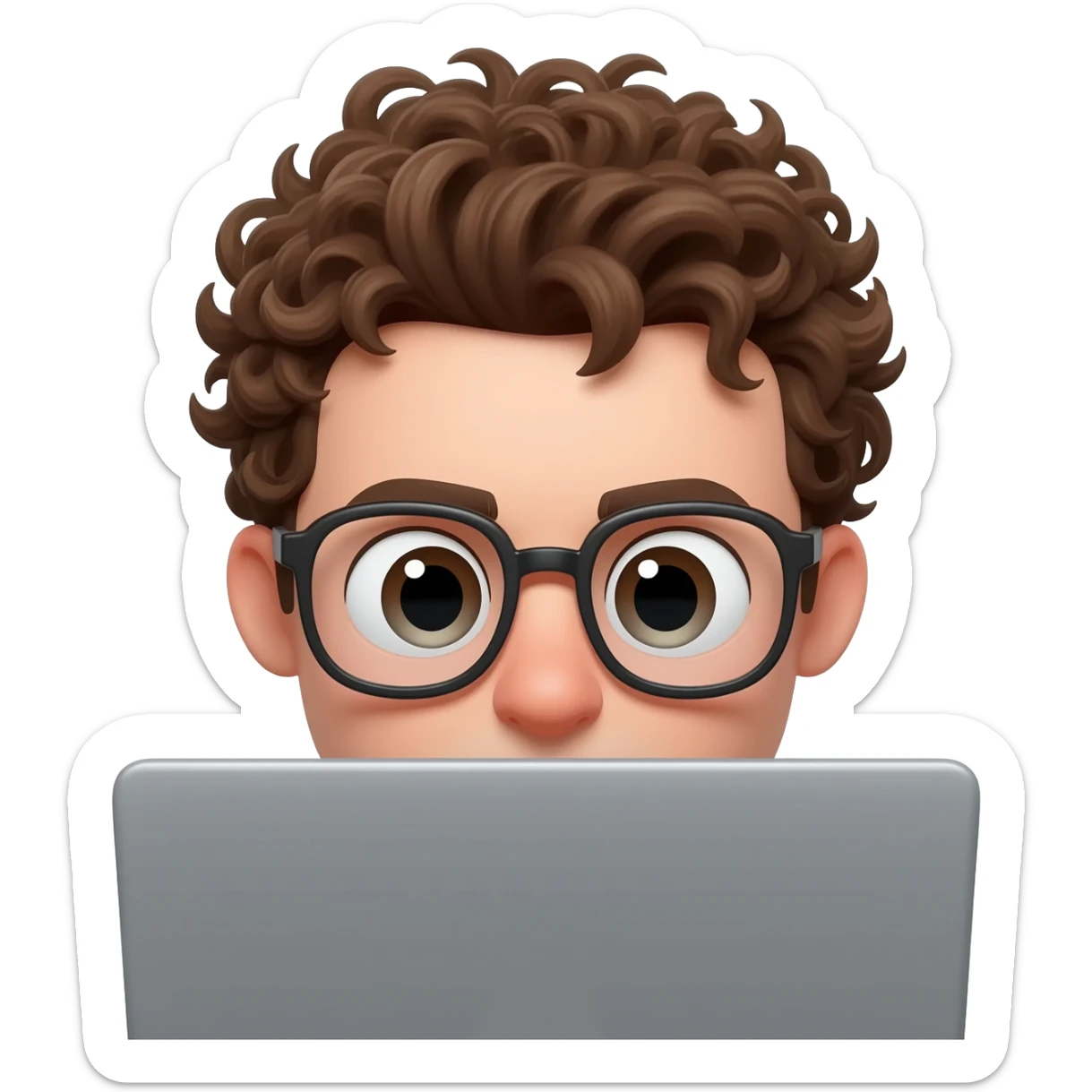 3D emoji-style male character with curly hair and big glasses, eyes wide, peeking over a laptop, minimal design, soft lighting, plain background, high quality. sticker