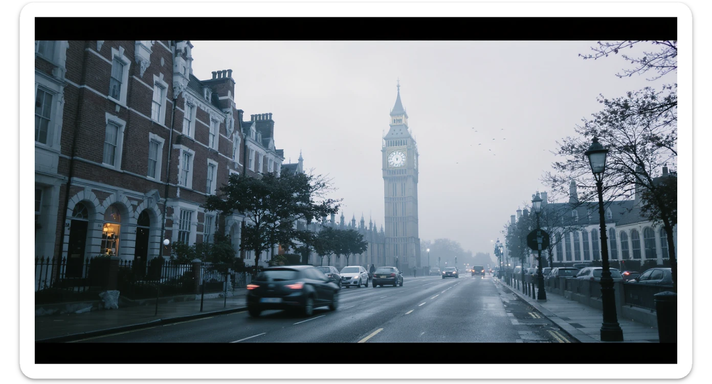 Cinematic shot of a london street, cloudy foggy day, soft light, leading lines to big ben in distance, multi composition, in foreground blurred car, on second street around UK bulding, od another plan in distance big ben, birds flying, artistic look, captured on arri alexa 35, color graded blue hour sticker