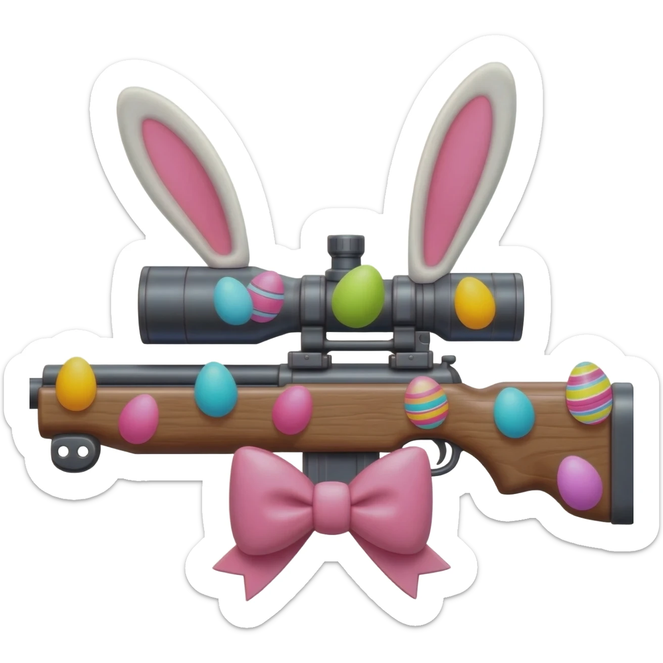 easter theme sniper rifle like with bunny ears and eggs and pink and a tie bow sticker
