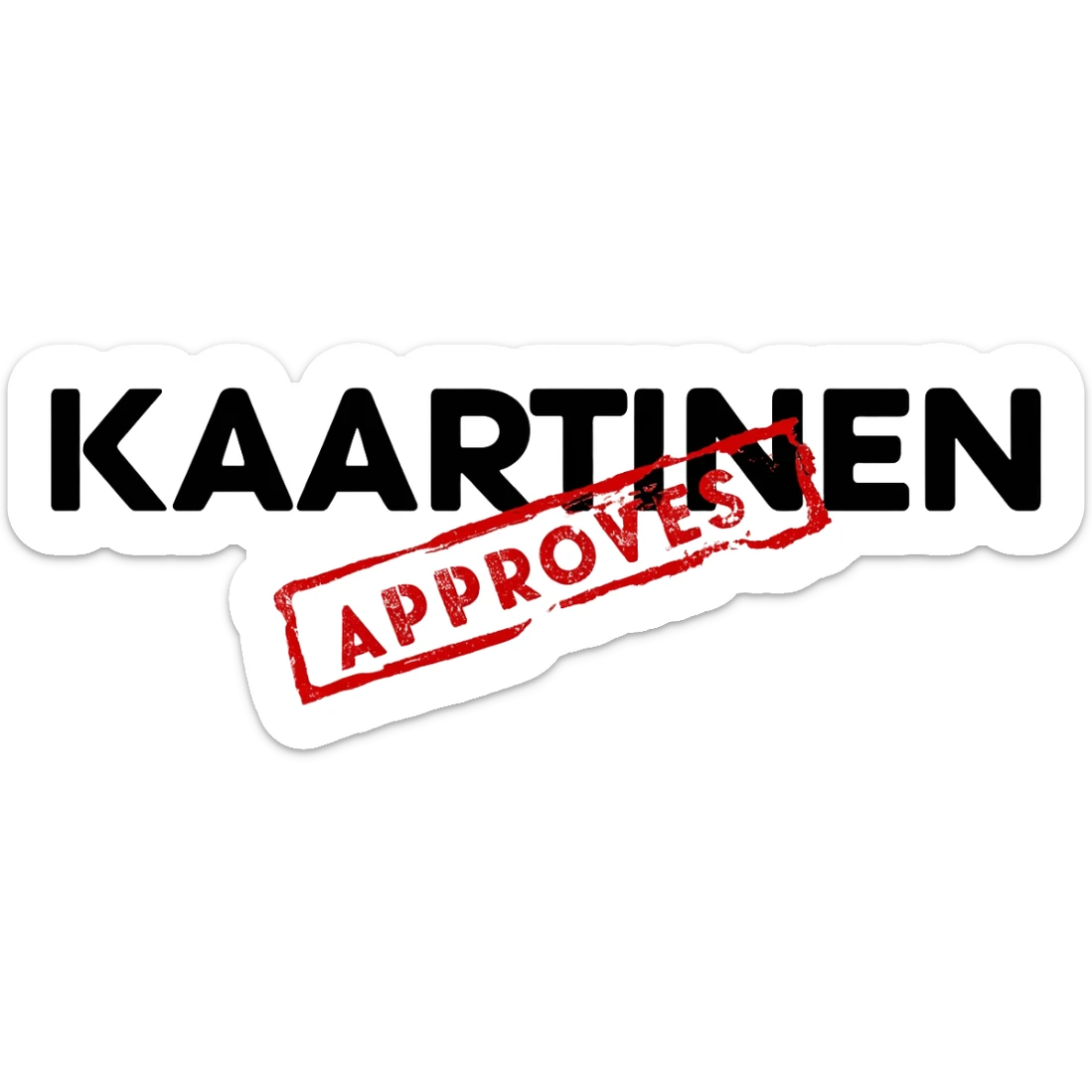 bold black text KAARTINEN and two mm under it red stamp with text APPROVES sticker