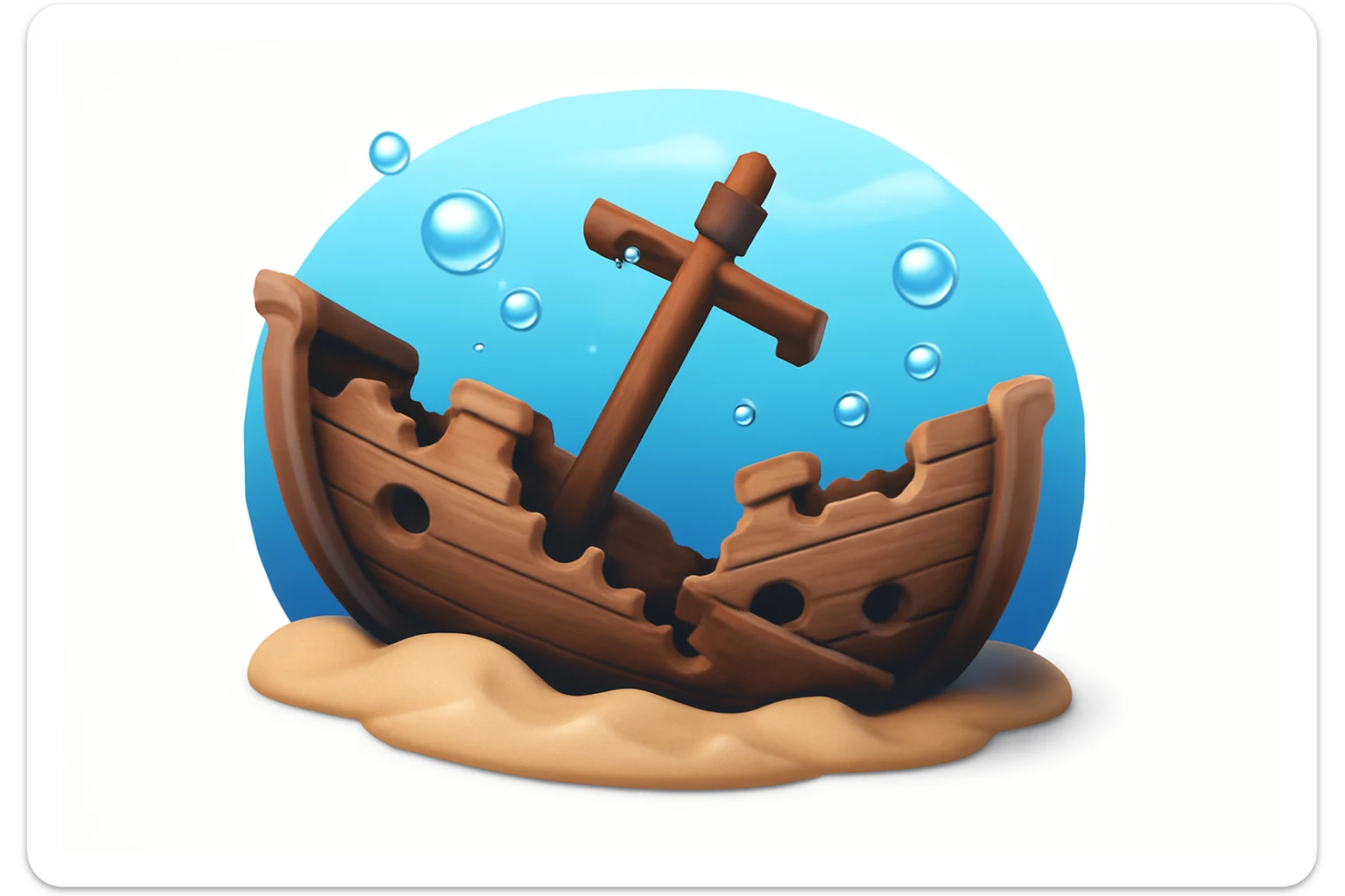 3D iPhone style emoji of a sunken ship underwater, lying on the ocean floor, broken details, surrounded by bubbles and soft blue water effect, isolated on white background, soft shadows, high detail, playful and cute. sticker