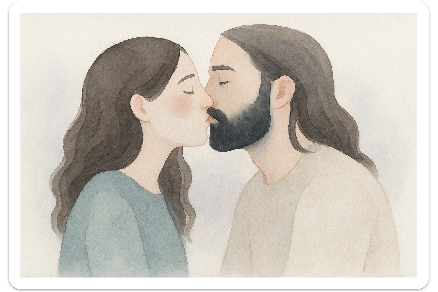 watercolor style of a couple: white woman with long dark brown wavy hair and white man with long hair and black beard kissing, soft atmosphere sticker