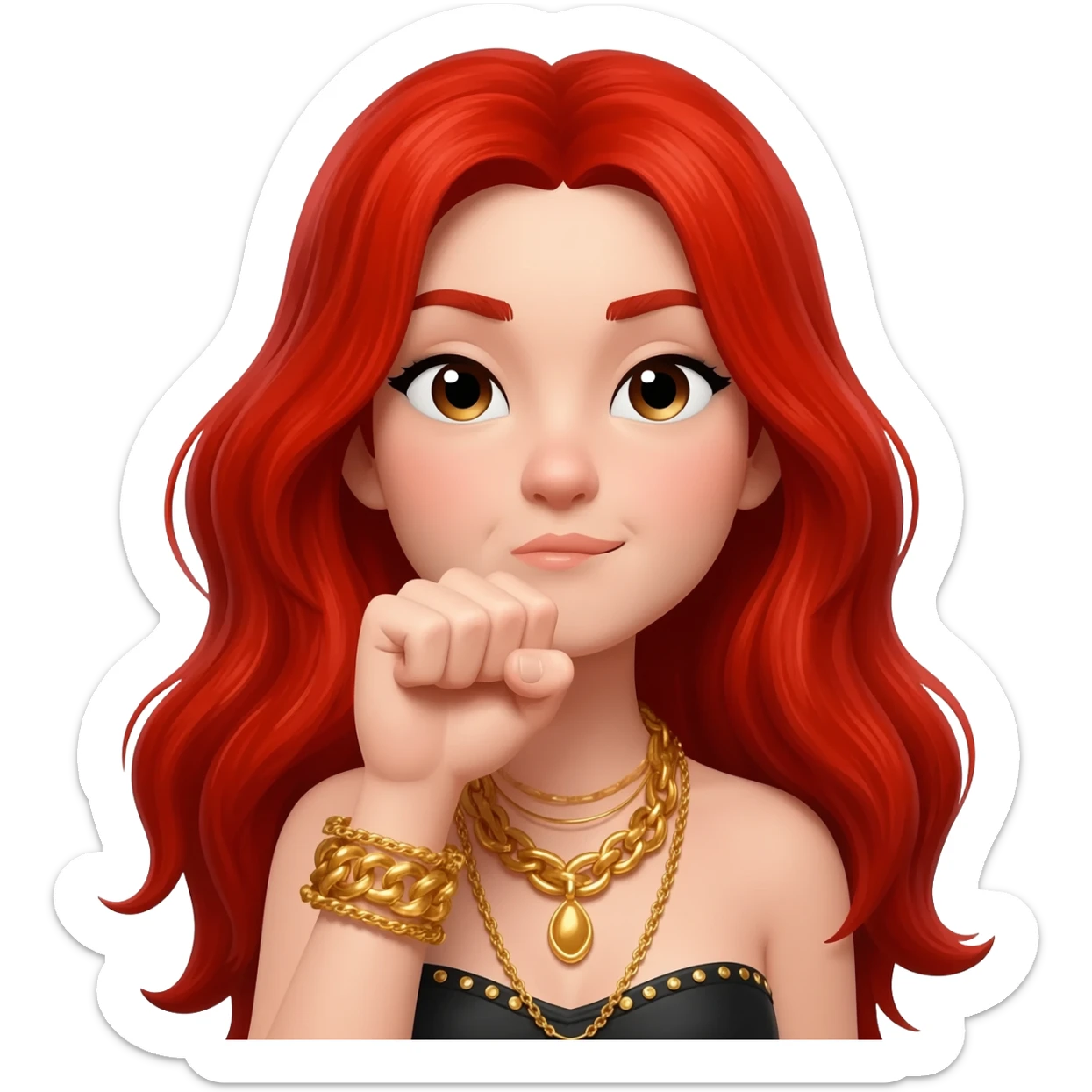 Not showing finger but fist on mouth and blowed mouth....she is red hair and tacky jewellery and cool....the hand is on her mouth and she is smirking and long hait sticker