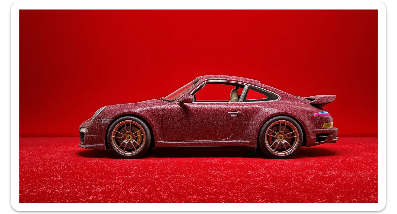 Medium shot of a porsche 911 made of carpet, red solid studio background, top soft light sticker