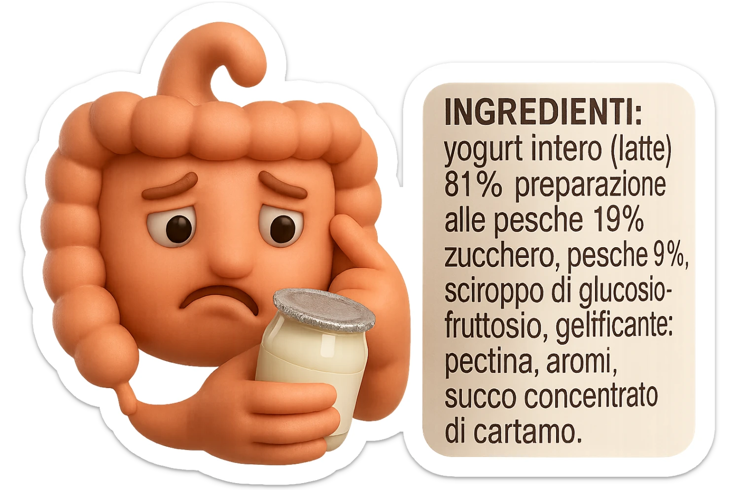 SU QUESTO STILE FAI UN EMOJI STILE IPHONE 3D DI UN INTESTINO CHE HA IN MANO UN BARATTOLO DI YOGURT CONFEZIONATO DA SUPERMERCATO E LEGGE L'ETICHETTA NUTRIZIONALE CON GLI INGREDIENTI IN ITALIANO, ACCANTO ALLO YOGURT CHE HA IN MANO C'è UN FOCUS SULL'ETICHETTA CON GLI INGREDIENTI SCRITTI, FAGLI UN ESPRESSIONE CONFUSA MENTRE LEGGE E FALLO MOLTO REALISTICO IN 3D sticker