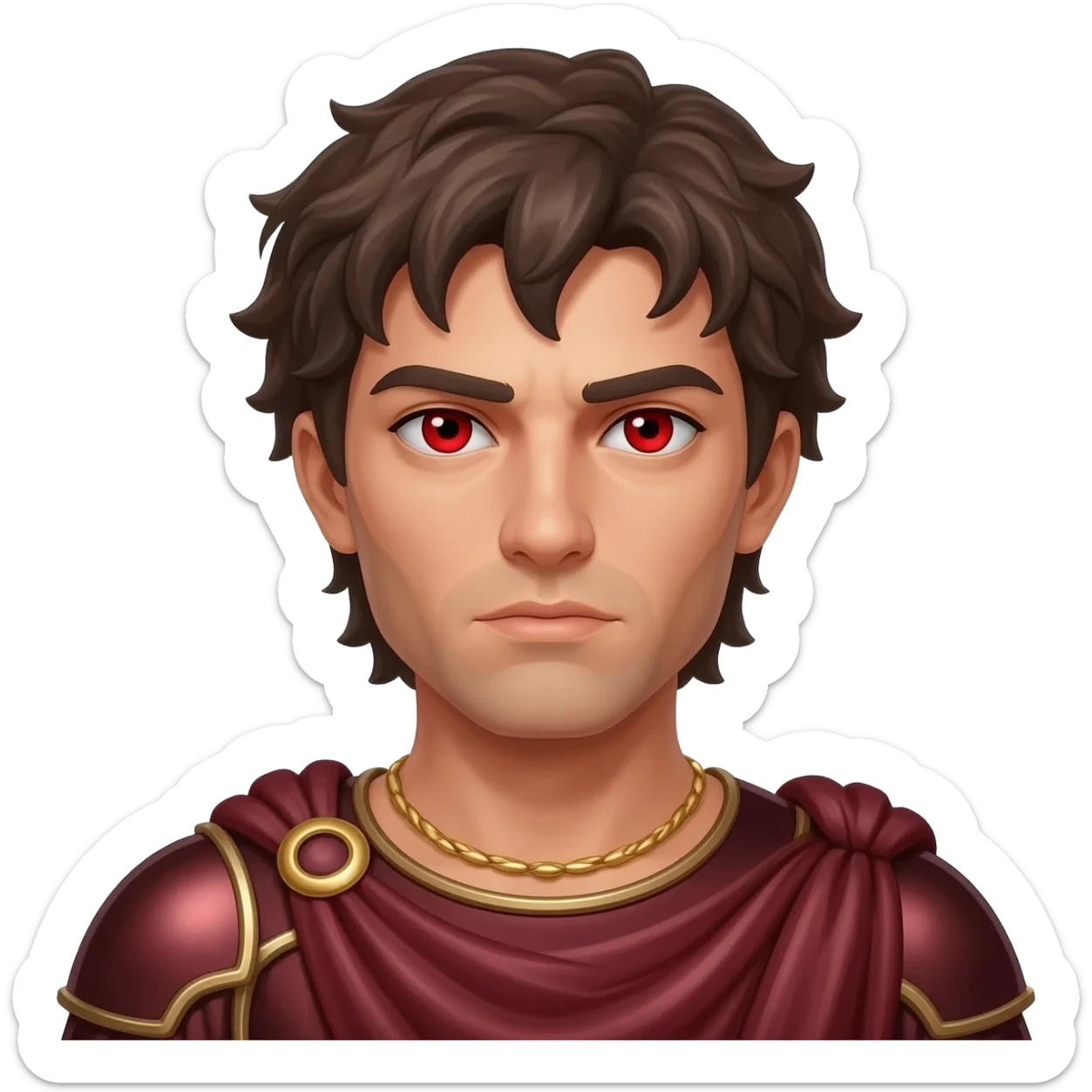 Ares from Greek Mythology with red eyes, dark brown hair, dark red metallic toga, gold necklace sticker