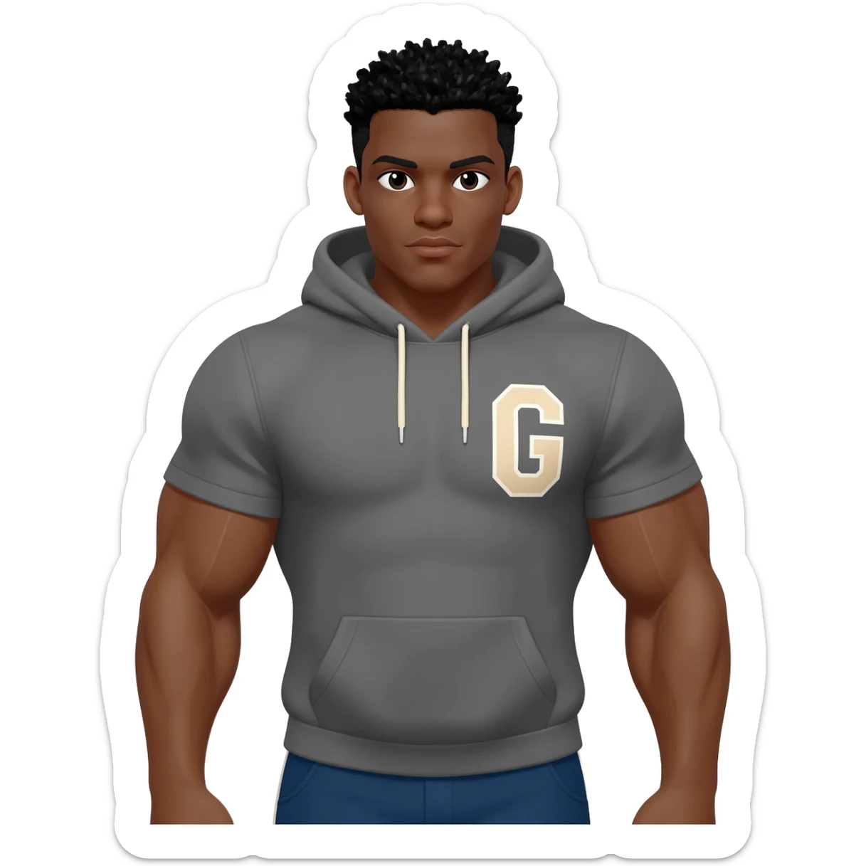 Black male look superstrong Grey hoodie and beige short letters G black g armsbi hair full body sticker