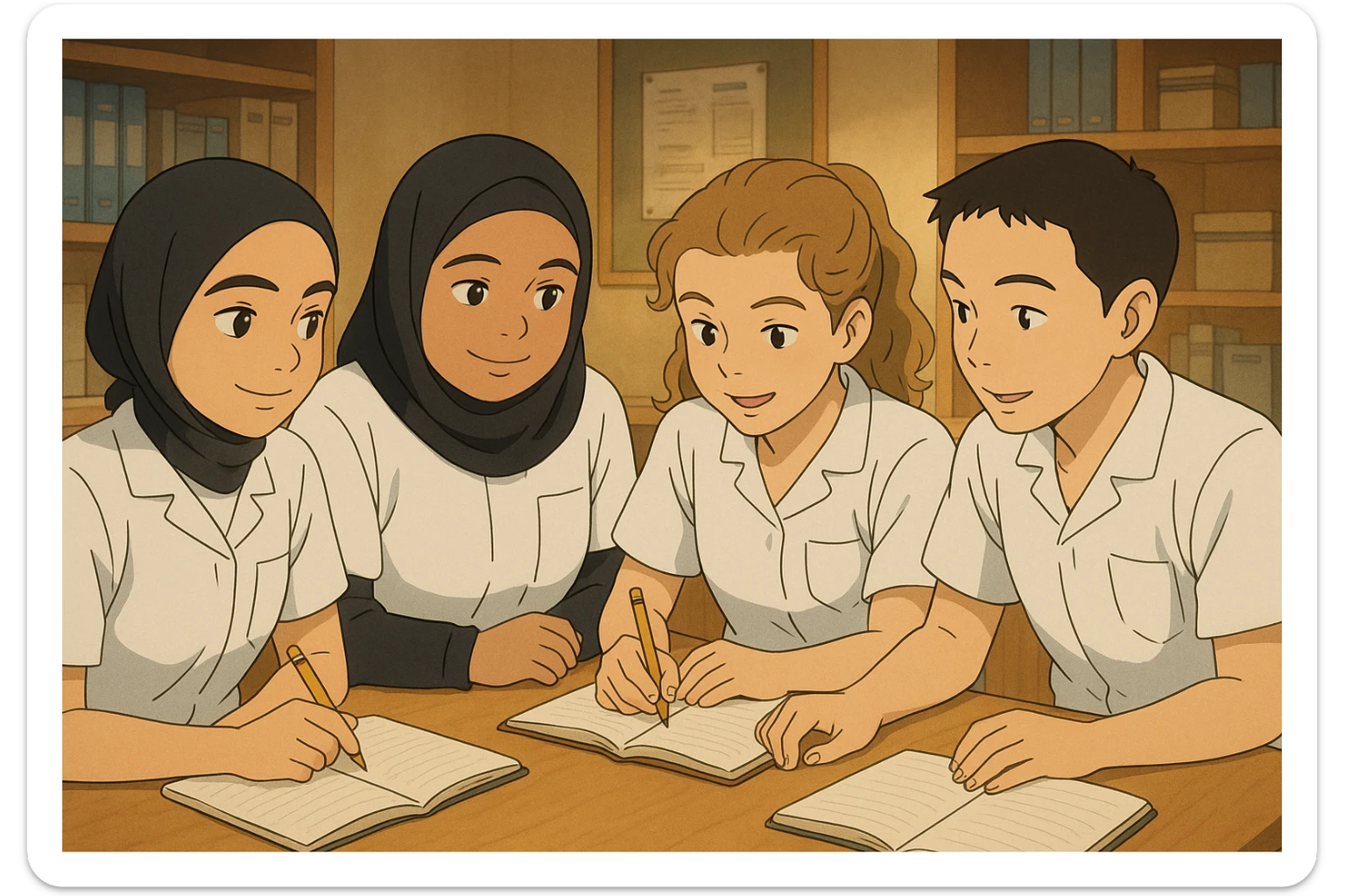 Quatre étudiants infirmiers en style Ghibli, travaillant en collaboration et en interaction à l'intérieur. Tous portent des uniformes blancs à manches courtes, sans pied de col ni stéthoscopes, avant-bras nus, cheveux longs attachés. Hauts de type tunique médicale, col en V, poche poitrine côté gauche. Inspirés des quatre personnes sur les photos jointes. Scène chaleureuse et professionnelle. sticker