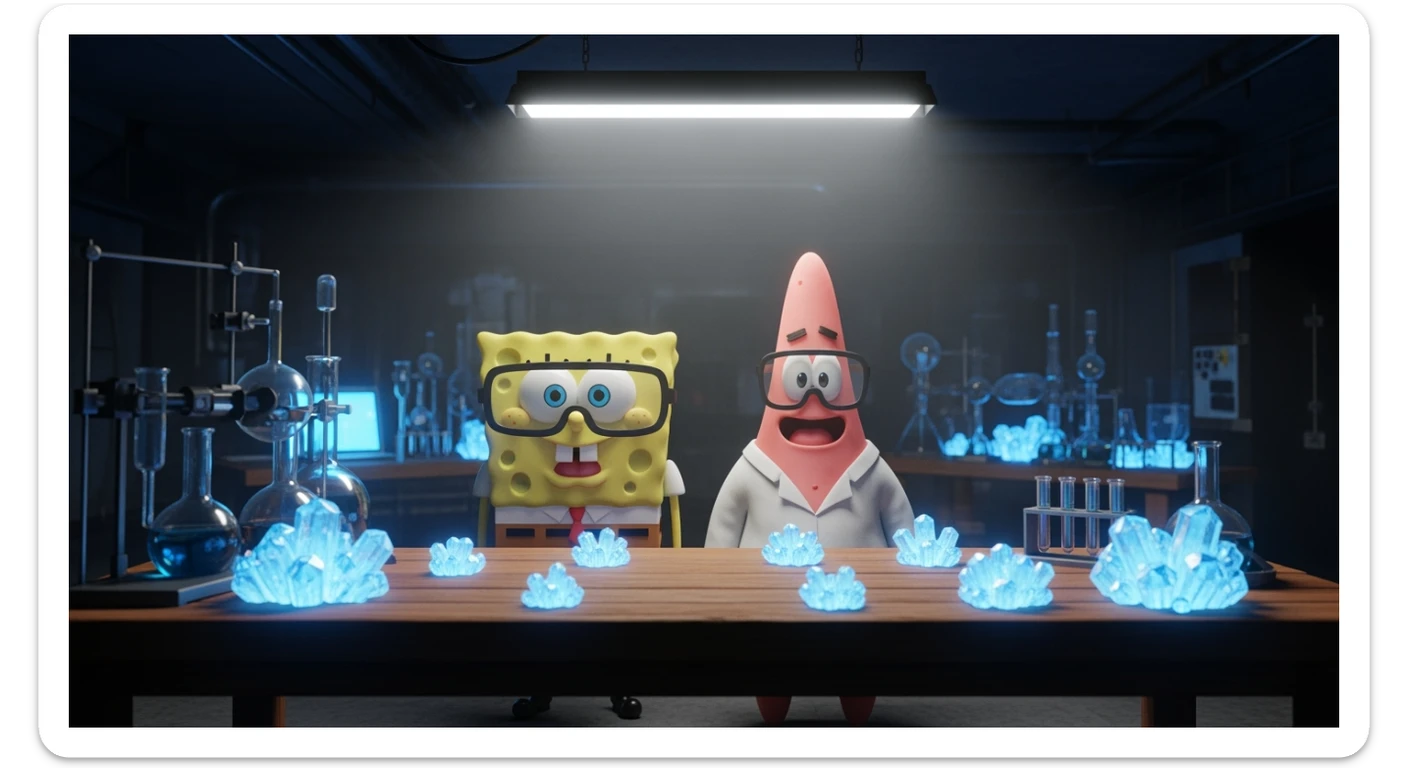 3D cienmatic cartoon shot, spongebob and patric dress in safety glasses and safe white outfit, the are standing front of table with blue crystals on table glowing (light source) science room in basement, back light, Cinema 4d render, proffesional lightning sticker