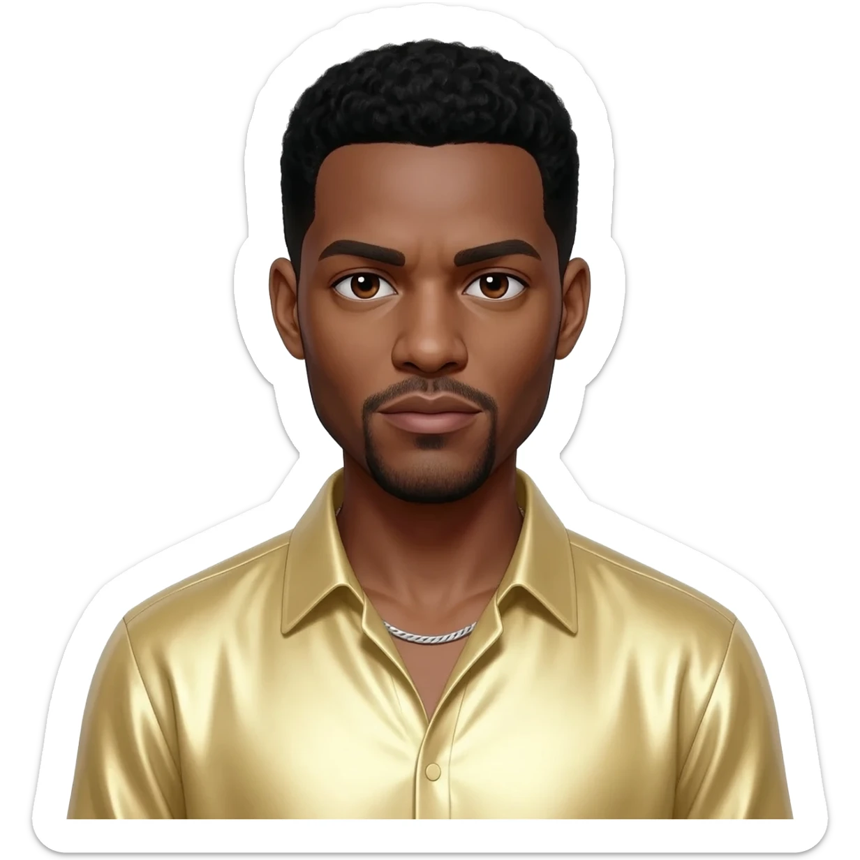 Usher with dark brown eyes, black hair, light yellow metallic shirt, silver necklace sticker
