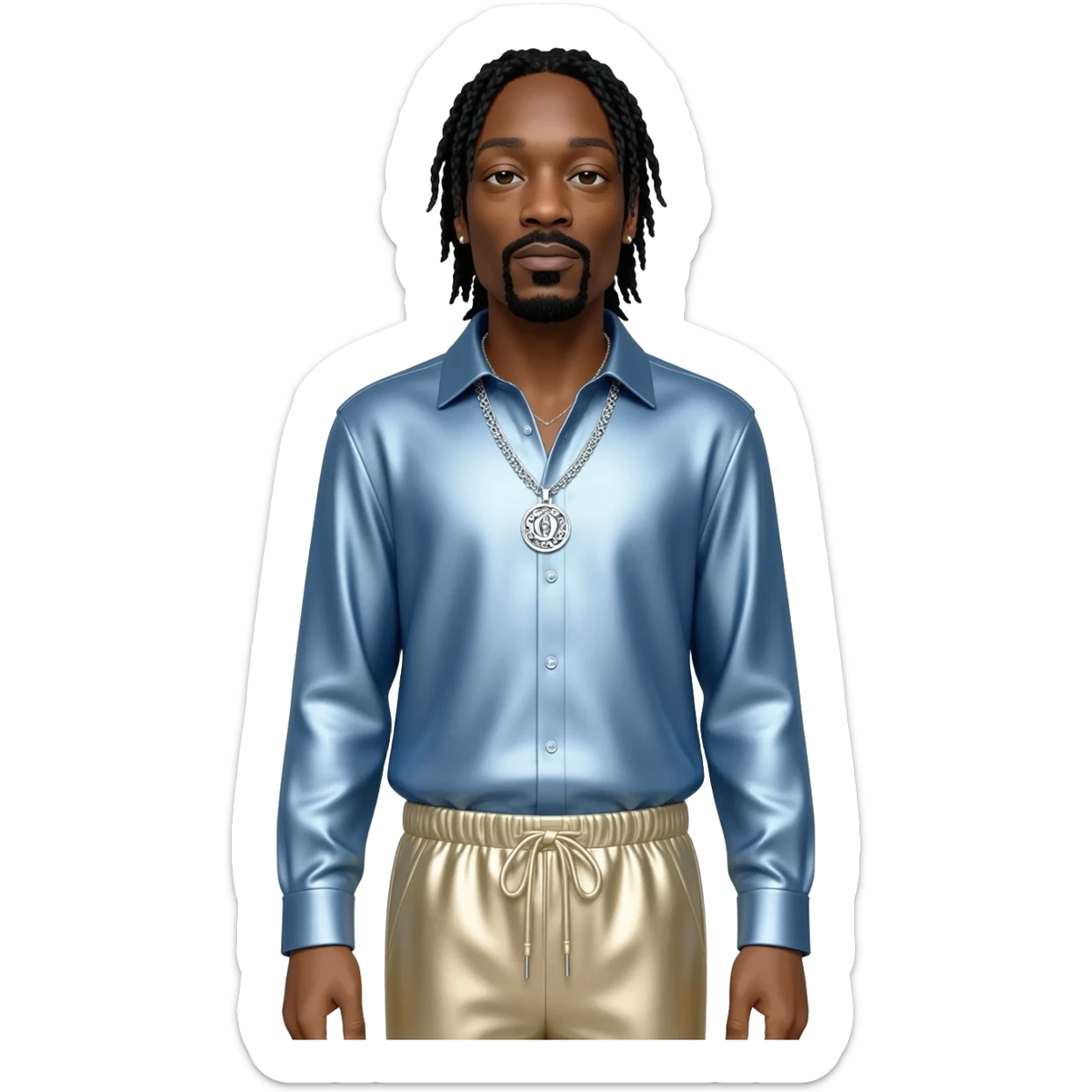 Snoop Dogg with long black hair, light blue metallic shirt, beige metallic harem pants, silver necklace sticker