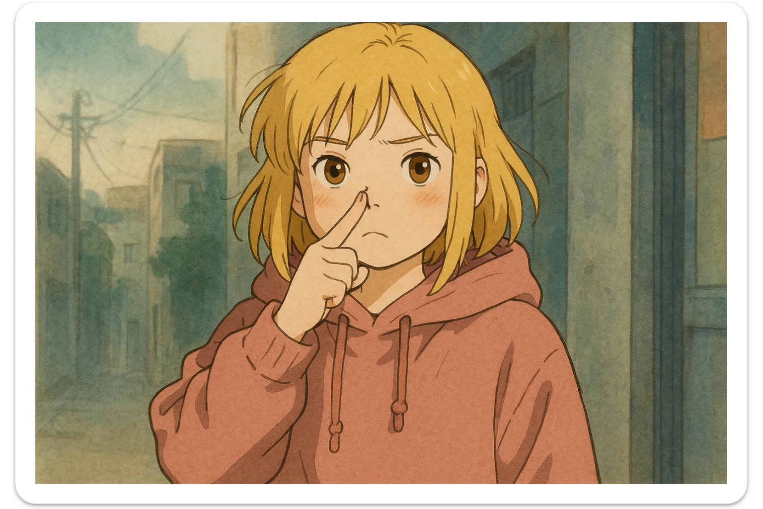 A girl yellow hair brown eyes pink Urban Heavy Loose Fit Hood Sweat touch your nose  sticker