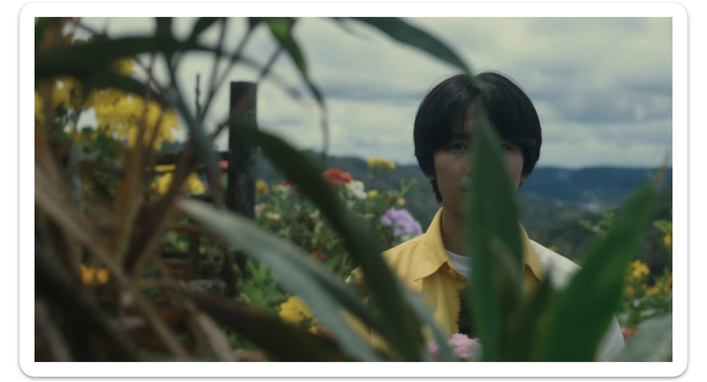 A portrait of a person in the foreground, blurred plants in the foreground (close to the camera), a wooden fence and colorfull flowers in the midground, rolling hills in the background, cinematic depth of field, layered composition, natural lighting sticker