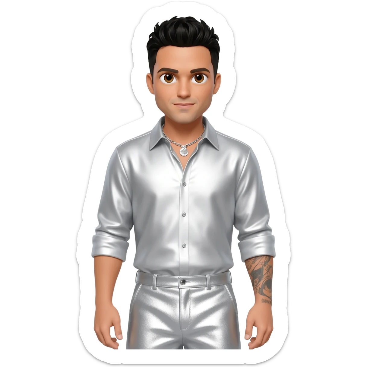 AJ McLean from Backstreet Boys with brown eyes, black hair, white metallic shirt, white metallic baggy pants, silver necklace sticker