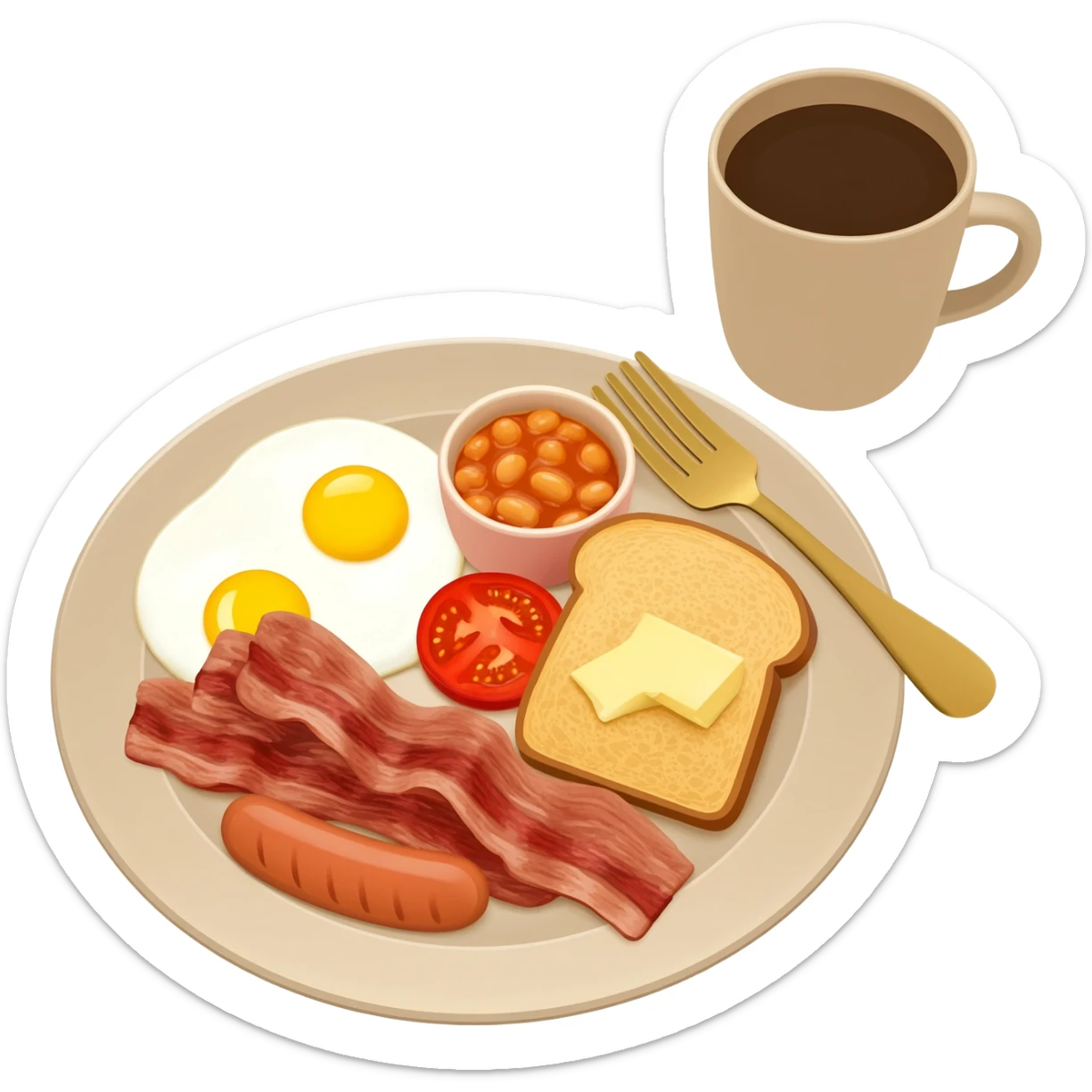 full English breakfast with two eggs, bacon, sausage, beans, toast, and tomato оn a beautiful light beige plate with a gold fork and beige cup of coffee side view sticker