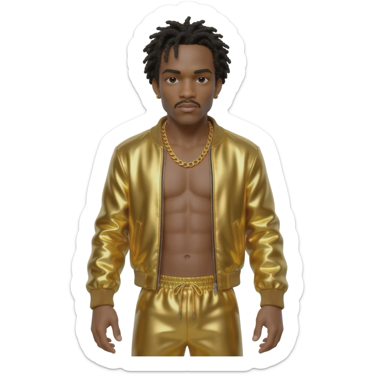 MC Hammer with black hair, gold metallic jacket, gold metallic harem pants, shirtless with necklace sticker