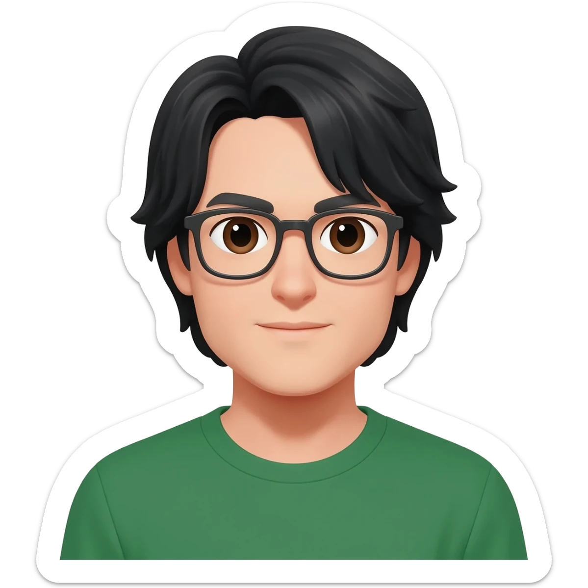 man glasses black hair brown eyes medium length hair green t shirt sticker