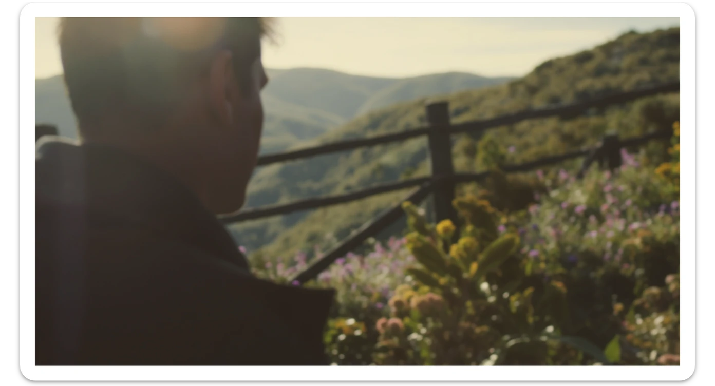 A portrait of a person in the foreground, blurred plants in the foreground, a wooden fence and colorfull flowers in the midground, rolling hills in the background, cinematic depth of field, layered composition, natural lighting sticker
