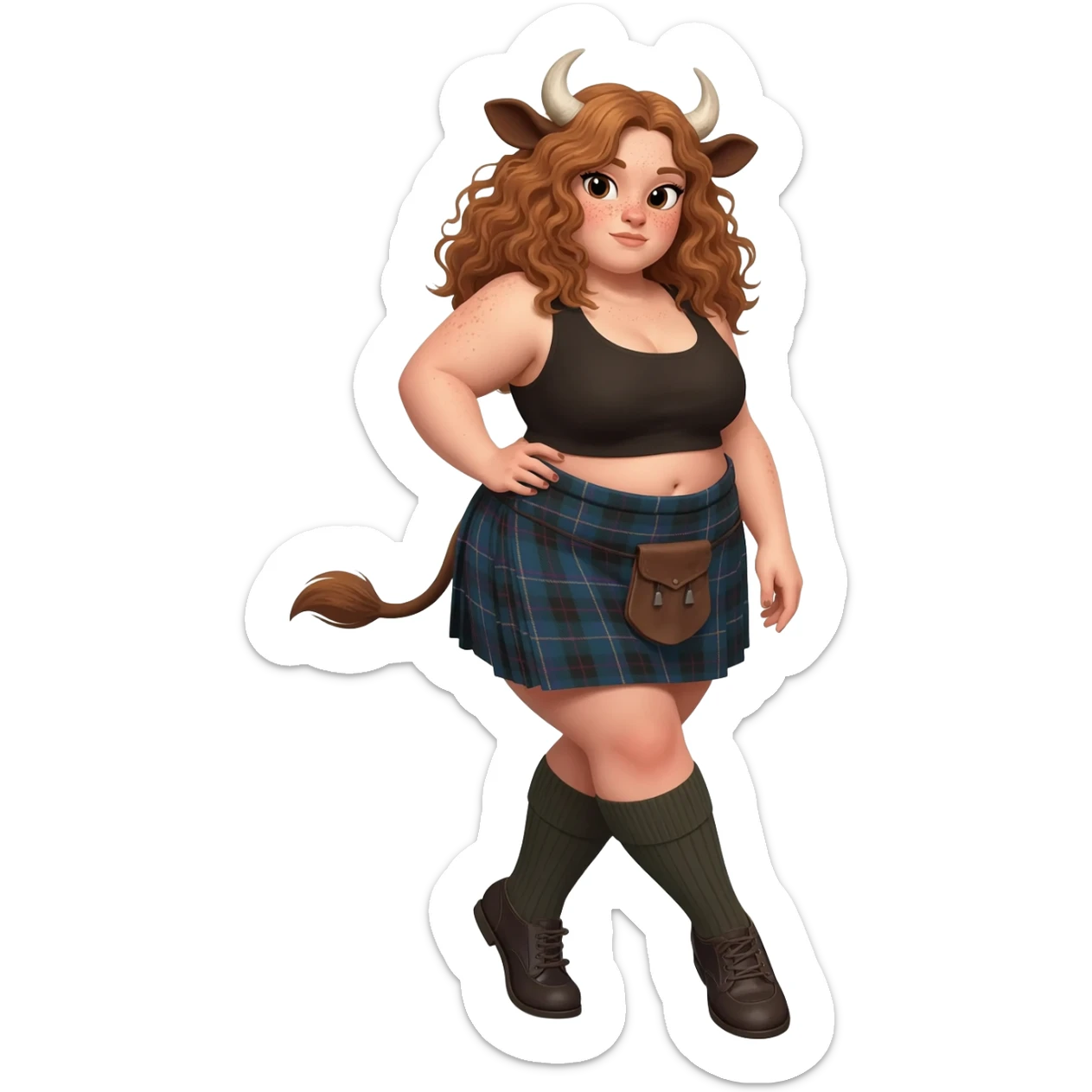 shy buff curly woman with frecles with light brown messy hair tughing at her long brown cow tail with both hands with strong fat thights with cow horns and cow brown ears with big butt in a short scottish kilt and with knee socks and shoes stands with crossed legs sticker