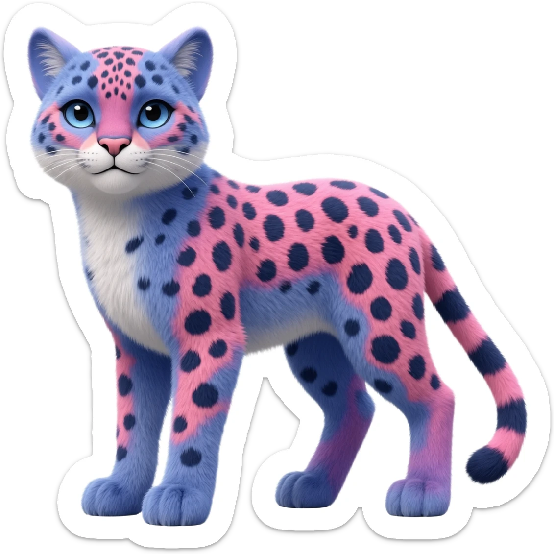 Hyper-realistic photo-realistic furry flurry fuzzy detailed Colorful bluish cute adorable tropical exotic fruity blueberry-themed rosy Caracal-Cheetah-Serval-Snow-Leopard-Trico-Sergal-Vernid-fusion-hybrid-animal-creature, full body, with tribal markings sticker