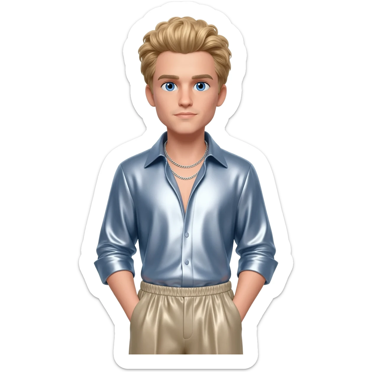 Brady Corbet with blue eyes, strawberry blonde hair, light steel blue metallic shirt, beige metallic baggy pants, silver necklace sticker