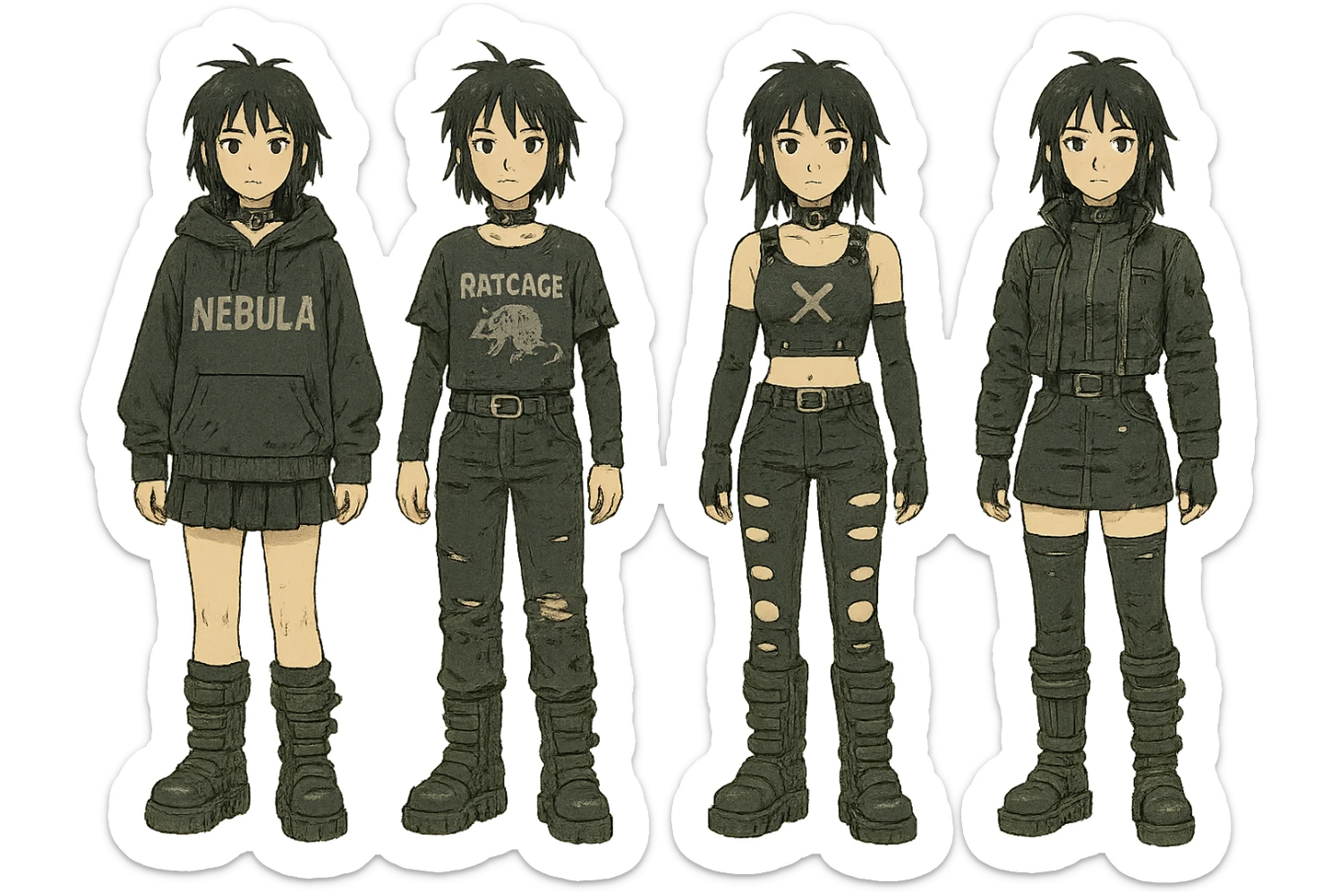 outfit designs for a VTUBER OC. The style is mixed 90's grunge, punk, lots of black and white in the color scheme, futuristic aesthetic. Clothing has small rips and tears from wear, logos and designs are faded. Garage, Shoegaze, postmodern style. character design concept art outfits for a female. [[FUTUREPUNK CYBERGOTH]] front on view, not 3/4 angle or any angle, perfect front sticker
