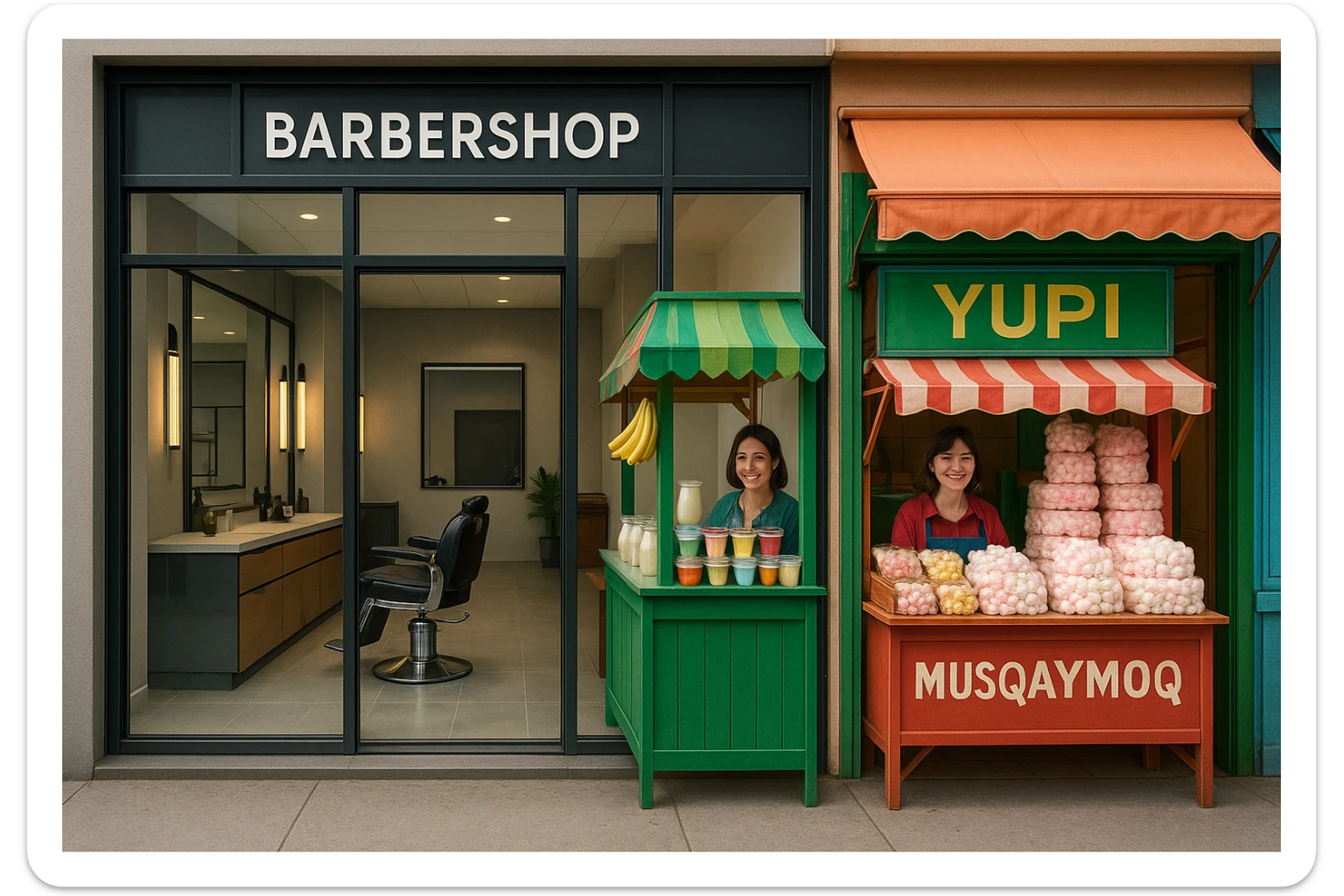 brohouse sartarosh xonasini chizib ber tashqaridan va uning yonida yupi va musqaymoq sotadigan lavkalar bulsin va sartarosh xona sal zamonaviyroq bulsin sticker