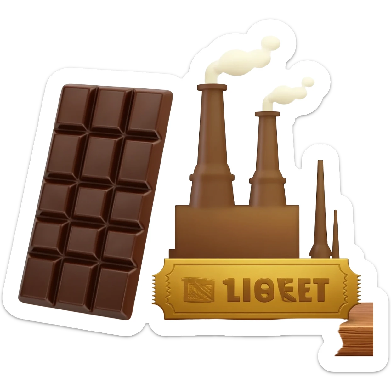 chocolate bar next to a factory next to a golden ticket sticker