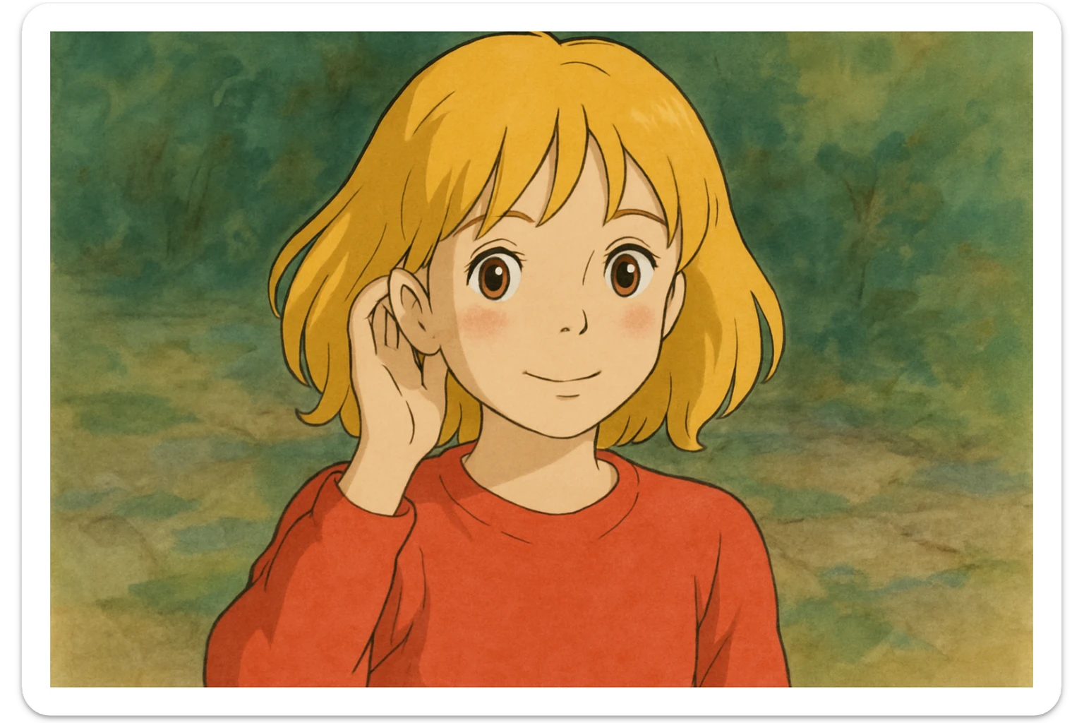 A girl yellow hair brown eyes red Just Cool Women's Long Sleeve Cool T-Shirt touching  to the ear sticker