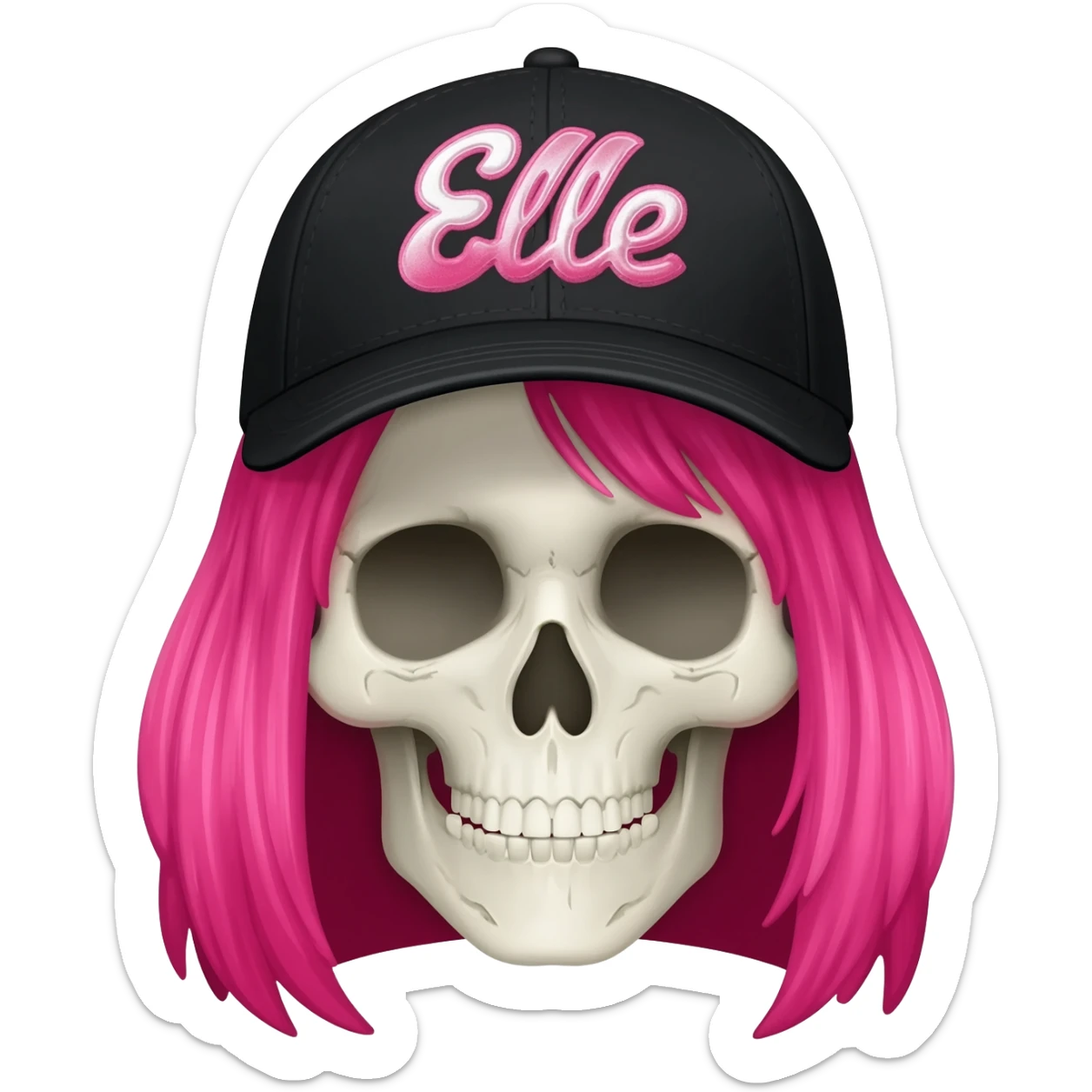 A skullhead thats wearing a black baseball cap with the words "Elle" in pink and white with long pink hair sticker