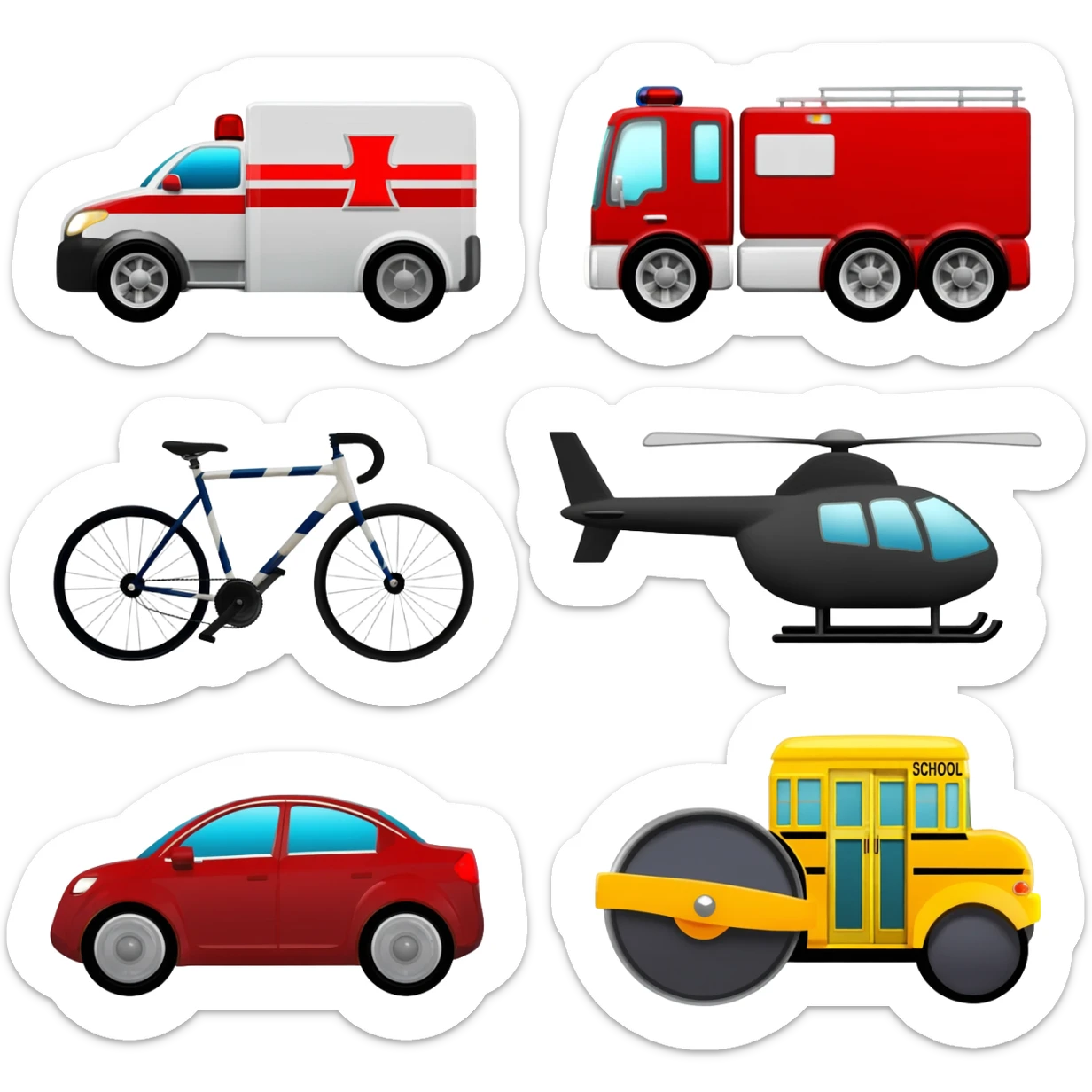 🚂 Train  🚑 Ambulance  🚒 Fire Truck  🚲 Bicycle  🚓 Police Car  🚁 Helicopter  🚌 School Bus  🚗 Car  🛵 Scooter  🚜 Road Roller icons  banavi dee sticker