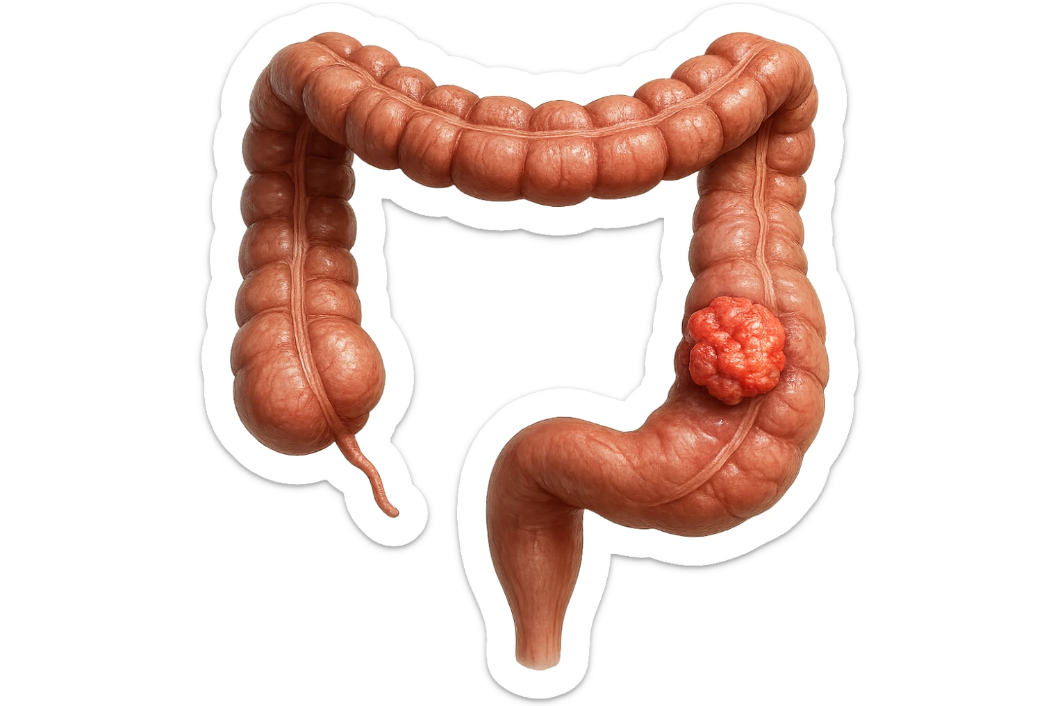 colon umano anatomico realistico malato di cancro, fai un punto visibile in cui si nota proprio la massa tumorale,+ iperrealistico 4k sticker